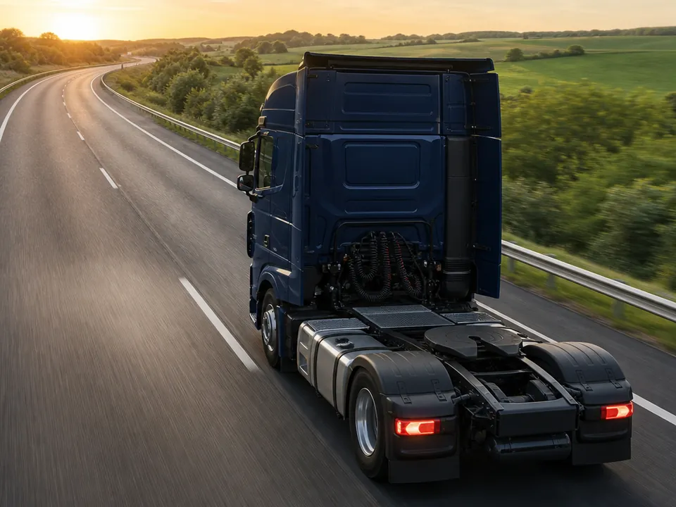 Tracteur routier seul roulant sur une autoroute au lever du soleil