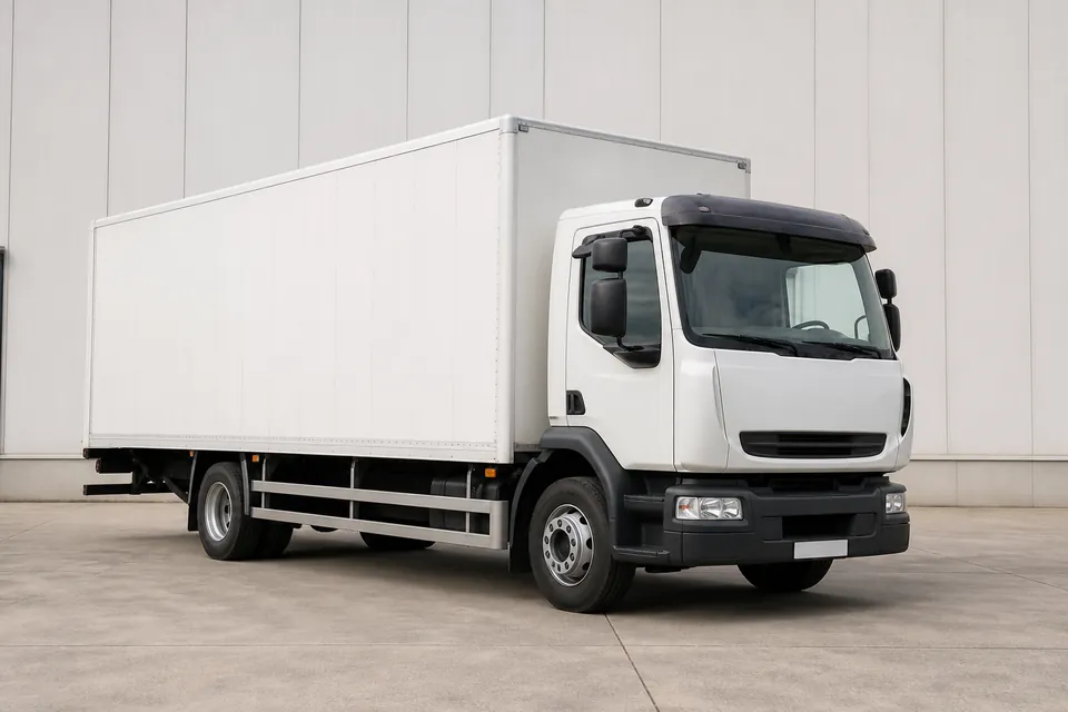 Camion porteur blanc, sans marque, garé devant un entrepôt