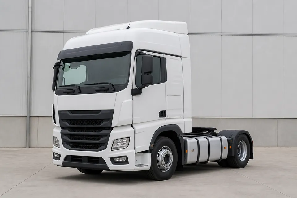 Tracteur routier blanc seul, sans semi-remorque, garé devant un entrepôt