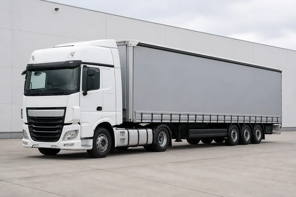 Tracteur routier blanc avec sa semi-remorque bâchée grise, garé devant un entrepôt